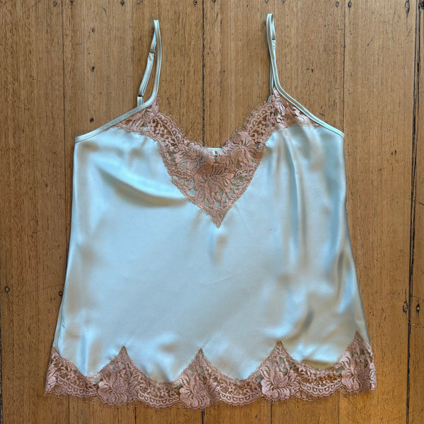 Silk Camisole with Lace Trim - Blue/Tan