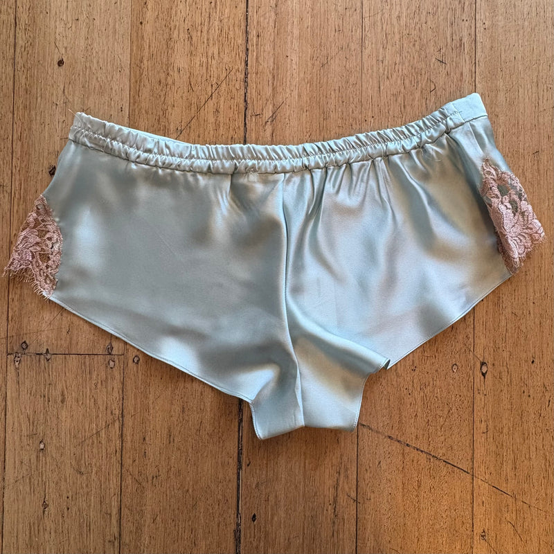 Silk Shorts with Lace Trim - Blue/Tan