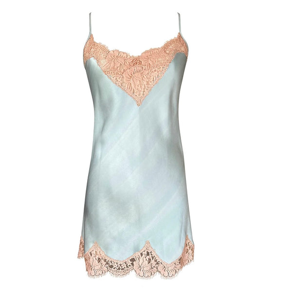 Silk Slip with Lace Trim - Blue/Tan